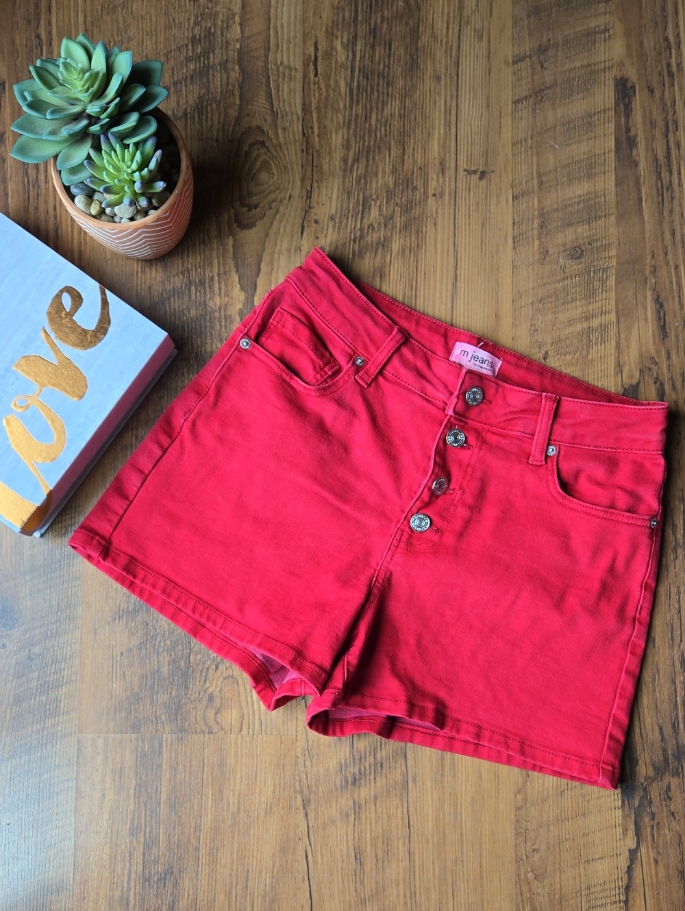 Maurices Size 8 Red High-Rise Button-Front Denim Shorts